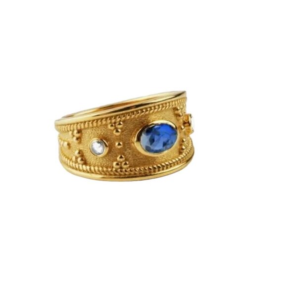 Blue Zircon Gemstone 18K Gold Plated Wide Ring - Picture 3 of 4